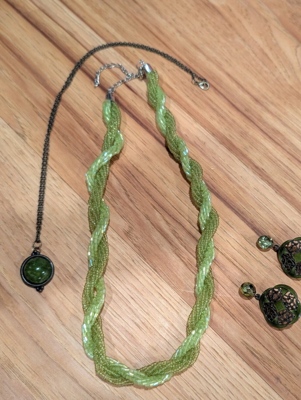 Green Twisted Bugke Bead Statement Necklace With Matching Earrings And Second Ne